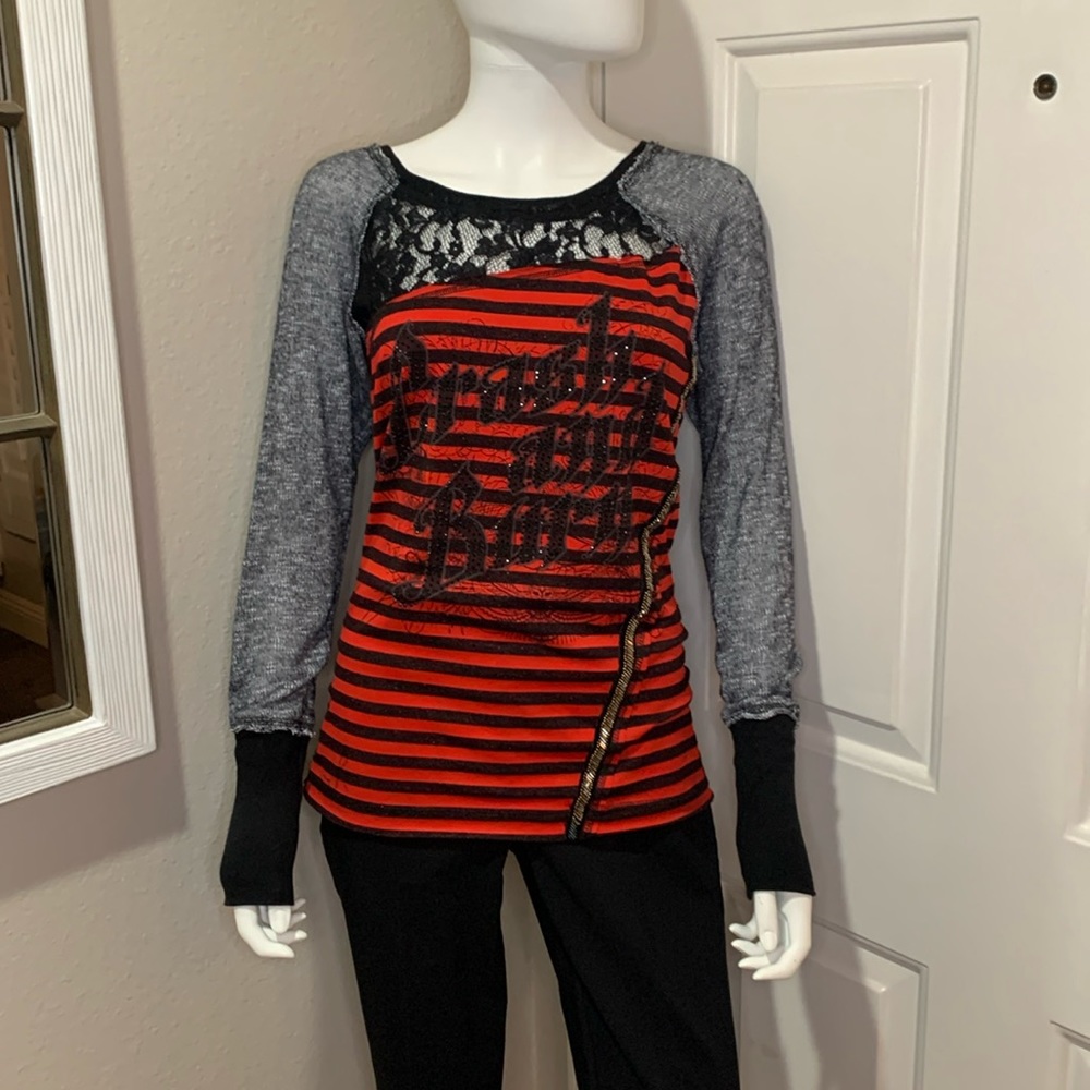 Crash & Burn Women’s long sleeve shirt, red and black with lace & metal, size M